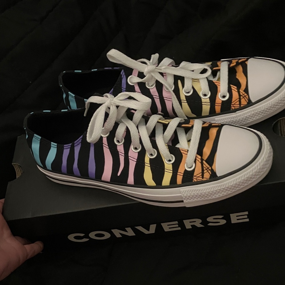 Converse Zebra Stripe Sneakers in Purple, Pink, Orange, and Black